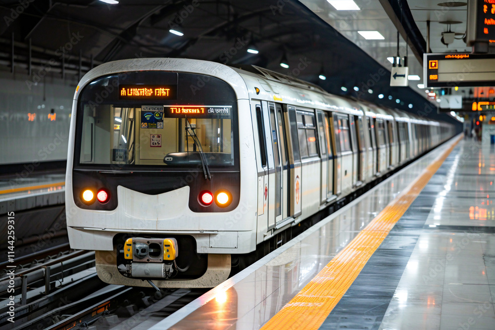 Naklejka premium Modern metro train at a well-lit, empty station platform in the city.
