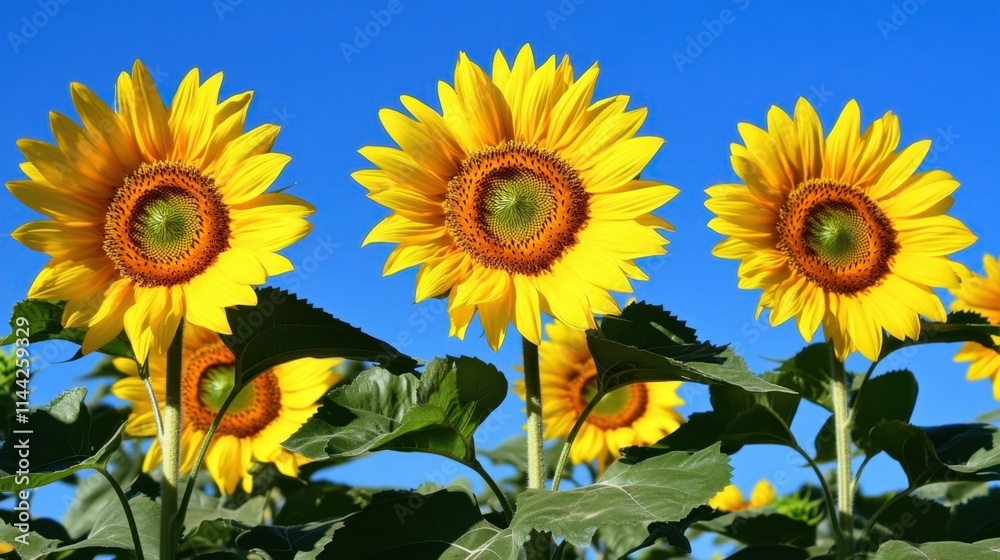 Fototapeta premium Bright Sunflowers Against Clear Blue Sky in a Vibrant Field