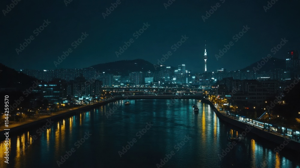The view from Dongjak Bridge at night, capturing the peaceful Han River and the bustling lights of Seoul. Namsan Tower stands illuminated in the distance, creating a picturesque cityscape The view from Dongjak Bridge at night, capturing the peaceful Han River and the bustling lights of Seoul. Namsan Tower stands illuminated in the distance, creating a picturesque cityscape