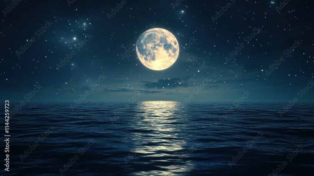 Serene Nightscape: Full Moon over the Tranquil Ocean Serene Nightscape: Full Moon over the Tranquil Ocean