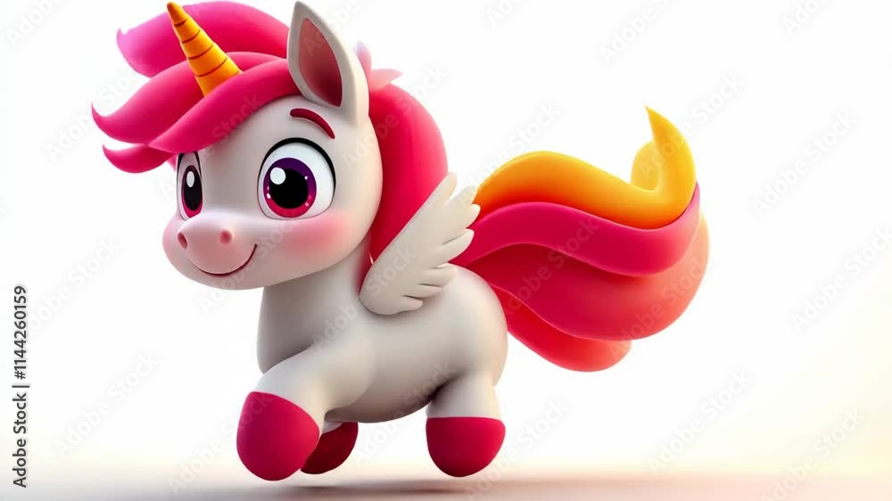 Colorful unicorn with wings trotting playfully against a plain backdrop