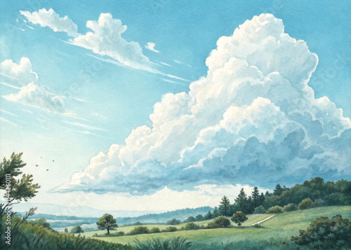 ** A dramatic cloud formation looms over a picturesque landscape, enhancing the scenery.  
**