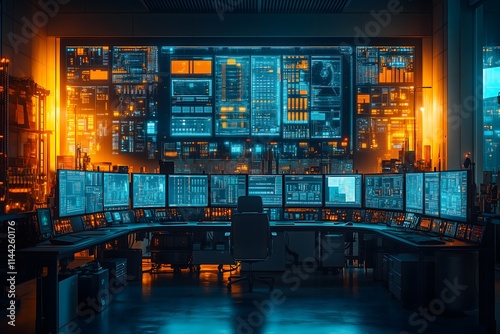 Modern industrial control room with computer screens displaying data. High-tech workspace for monitoring system operations