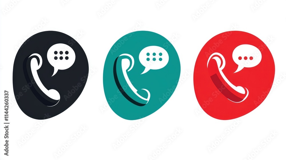 Fototapeta premium Three color variations of a telephone handset icon with a speech bubble, representing communication.