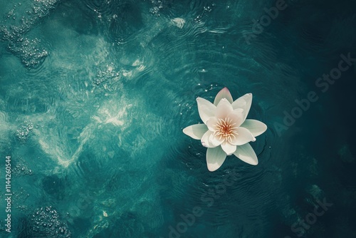 Serene white water lily floats atop teal water, creating a tranquil scene.