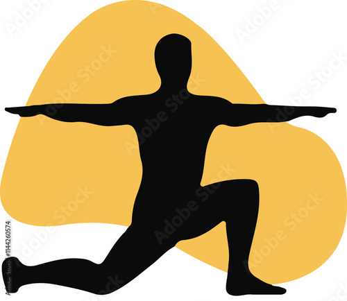 Abstract yoga pose icon of a men silhouette on a yellow background, emphasizing fitness, health, meditation, relaxation, and modern wellness themes