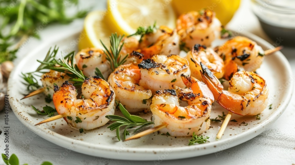 Grilled Shrimp Skewers with Lemon and Fresh Herbs on White Plate Grilled Shrimp Skewers with Lemon and Fresh Herbs on White Plate