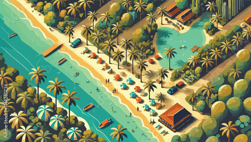 View of the beach with many coconut trees, bird eye viewing angle