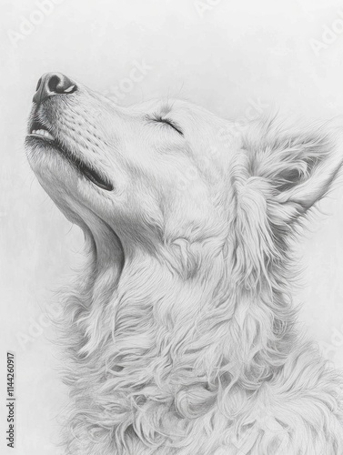 Majestic white dog looking up, pencil sketch. photo