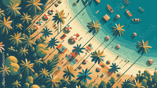 View of the beach with many coconut trees, bird eye viewing angle