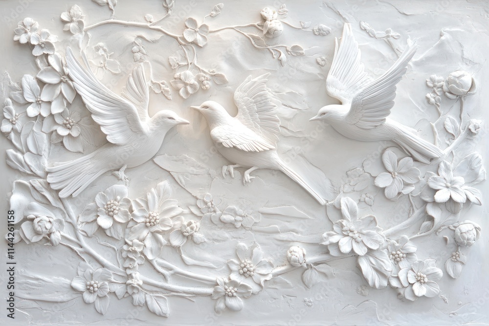 White bas-relief sculpture of three birds amidst flowering branches. White bas-relief sculpture of three birds amidst flowering branches.