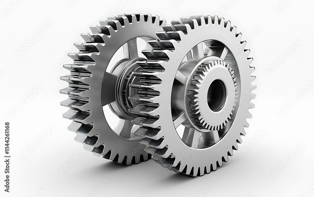 Two metallic gears interlocked, isolated on white background. Two metallic gears interlocked, isolated on white background.