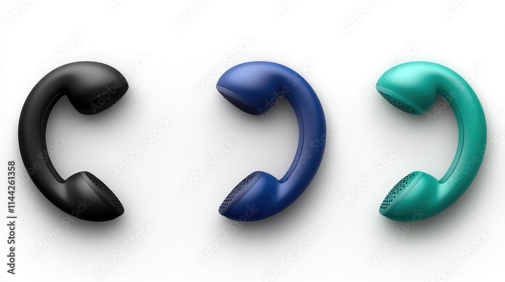 Three retro-style phone handsets in black, blue, and teal, isolated on white background. Three retro-style phone handsets in black, blue, and teal, isolated on white background.