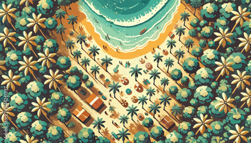 View of the beach with many coconut trees, bird eye viewing angle