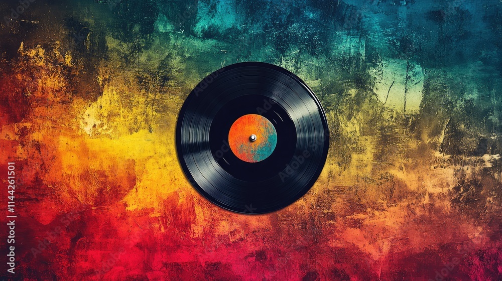 Obraz premium Vinyl record at the center of a bright and colorful background, showcasing retro music and analog vibes