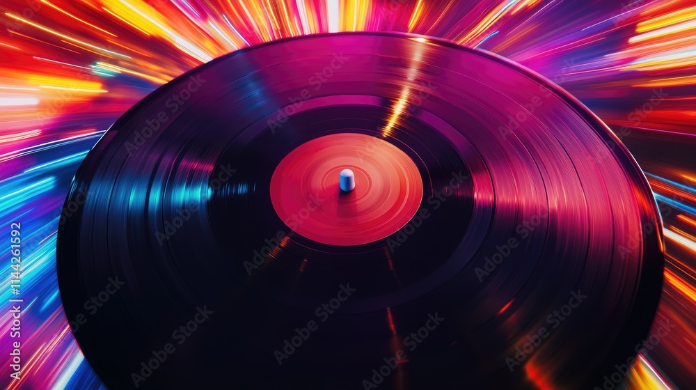 Vinyl record at the center of a bright and colorful background, showcasing retro music and analog vibes Vinyl record at the center of a bright and colorful background, showcasing retro music and analog vibes