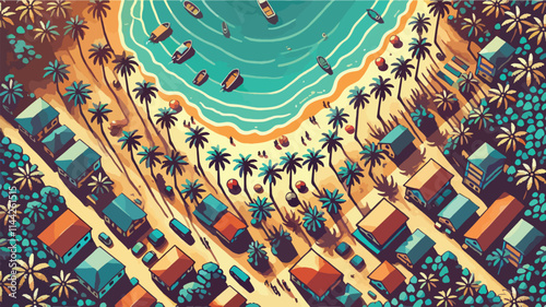 View of the beach with many coconut trees, bird eye viewing angle
