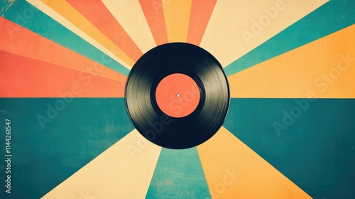 Vinyl record at the center of a bright and colorful background, showcasing retro music and analog vibes photo