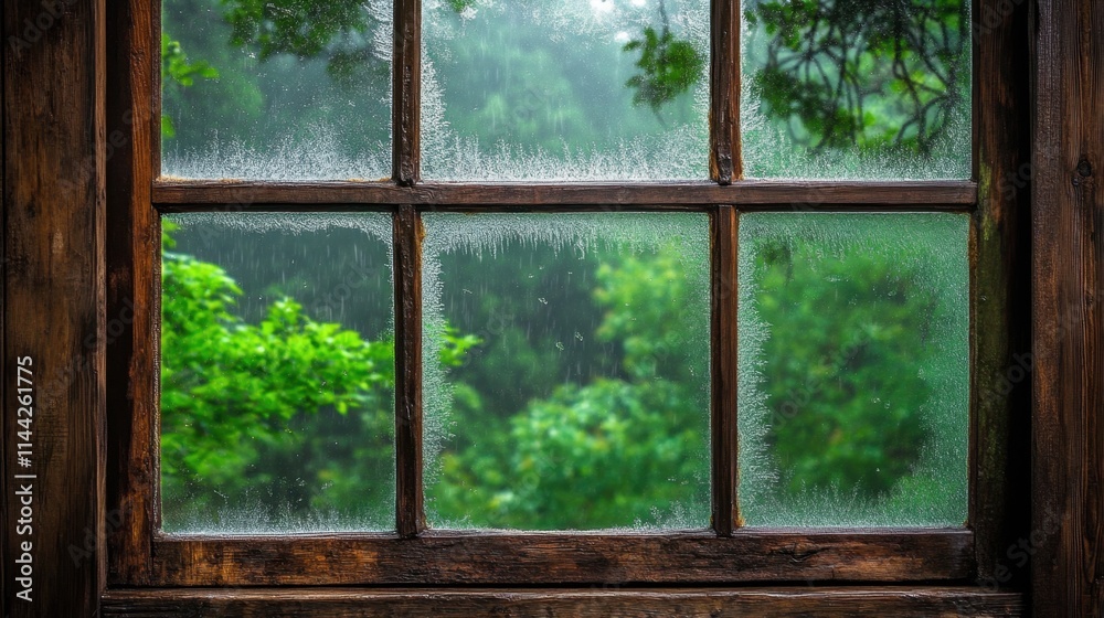 Rainy Window View with Lush Green Trees Outside in Nature Scene Rainy Window View with Lush Green Trees Outside in Nature Scene