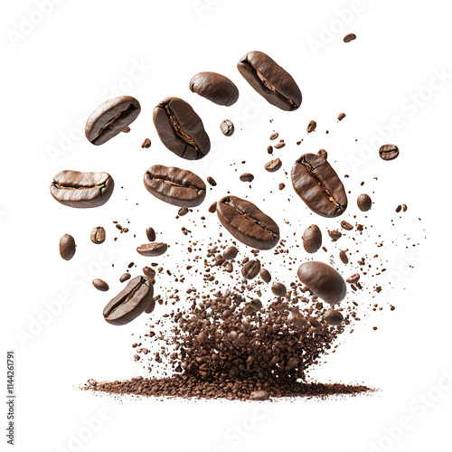 Falling Coffee Beans Isolated on Transparent Background photo