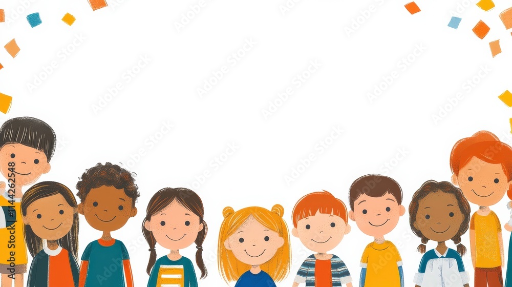 Diverse group of cheerful children smiling together in a colorful illustration, suitable for educational materials, posters, or children's books that celebrate friendship and unity. Diverse group of cheerful children smiling together in a colorful illustration, suitable for educational materials, posters, or children's books that celebrate friendship and unity.