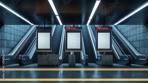 Blank poster mockup in a metro station, three vertical portraits with an escalator background, perfect for transportation-themed advertising.