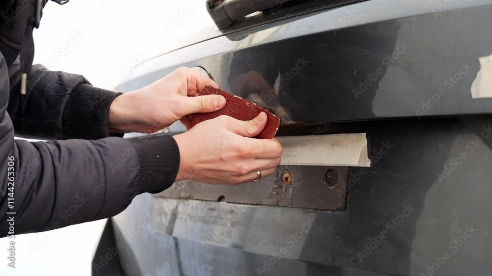 Male hands remove rust from the trunk, back door of a car, vehicle with sand paper, car service repair, old and new, static close up, white background