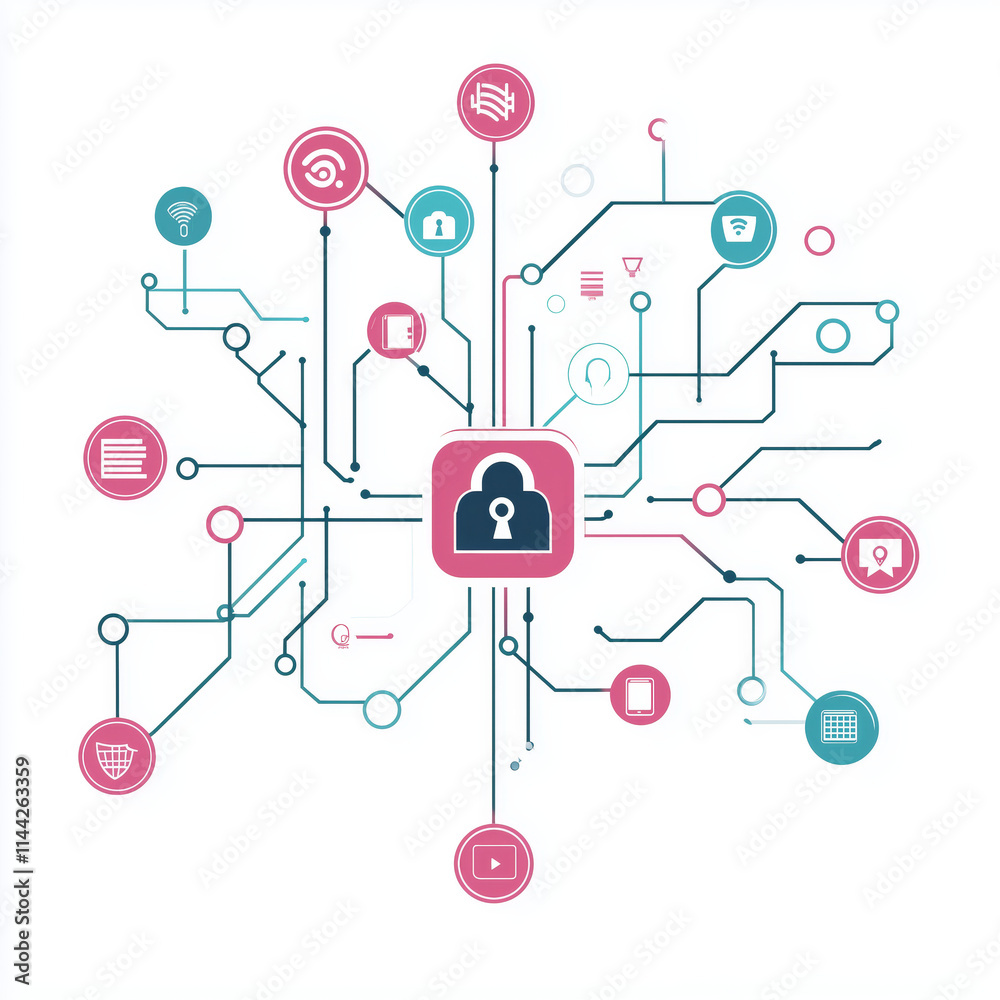Fototapeta premium Abstract illustration of a network with a security focus, featuring a central lock symbol and connected elements. Perfect for topics like privacy and cybersecurity