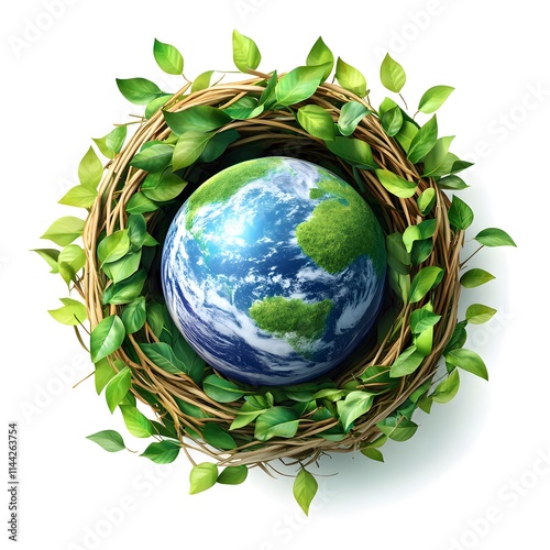 3D Vector Illustration Of Earth Cradled In A Nest Of Green Leaves, Representing Environmental Protection, Conservation, And Sustainability With A Focus On Nature And Eco-Friendly Practices