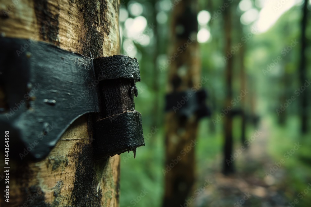Rubber tree tapping action in a lush forest close-up of tapping process nature photography serene environment focused viewpoint sustainable rubber concept Rubber tree tapping action in a lush forest close-up of tapping process nature photography serene environment focused viewpoint sustainable rubber concept
