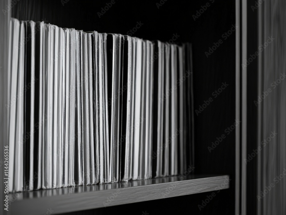 A monochrome image of neatly organized records lined up on a shelf, showcasing a vintage aesthetic and a sense of nostalgia. A monochrome image of neatly organized records lined up on a shelf, showcasing a vintage aesthetic and a sense of nostalgia.