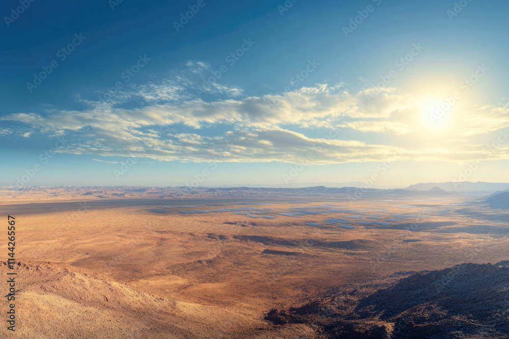 Naklejka premium Vast desert landscape with solar panels under a bright sun and scattered clouds.