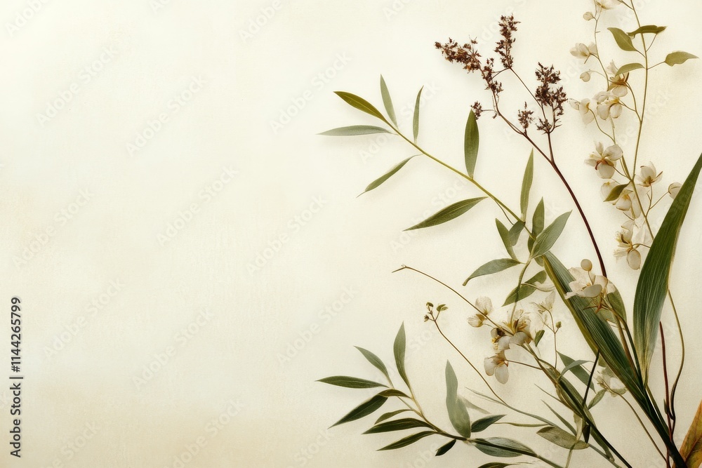 Naklejka premium Botanical arrangement with delicate flowers and green leaves against a soft background