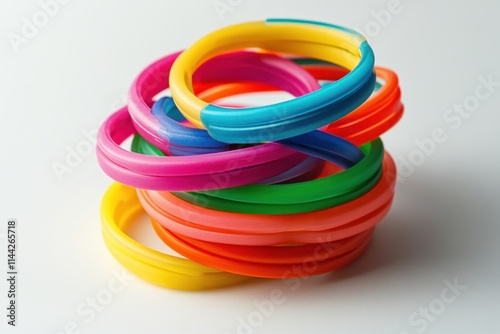 Colorful rubber wristbands stacked on white background product photography studio setting vibrant concept for event promotion photo