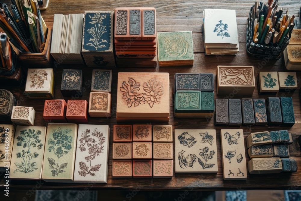 Obraz premium Artistic display of rubber stamps on wooden table crafting supplies indoor studio creative setting close-up viewpoint unique design concepts