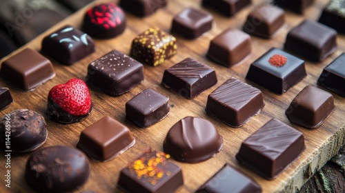 Assorted Artisan Chocolates on Wooden Board with Decorative Design