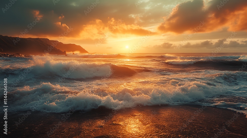 Fototapeta premium The ocean is calm and the sun is setting, creating a beautiful and serene atmosphere