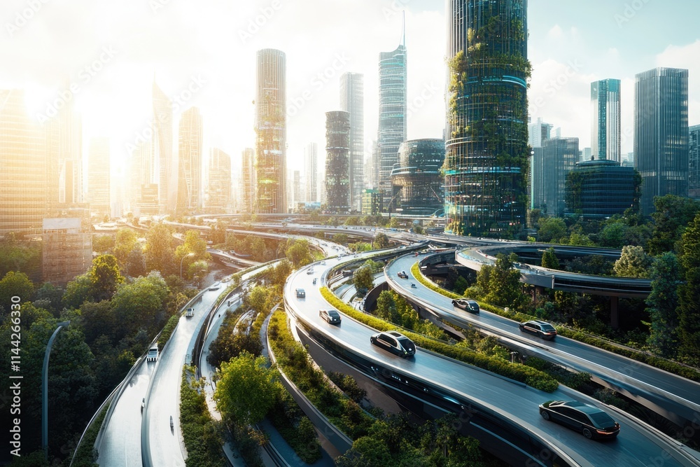 Fototapeta premium Futuristic eco-city with elevated highways winding through lush greenery and modern skyscrapers.