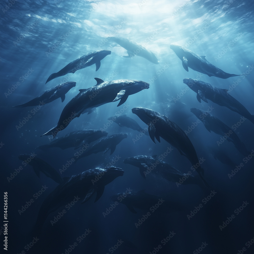 Fototapeta premium Large pod of whales swimming together in perfect harmony in deep ocean waters during midday sun