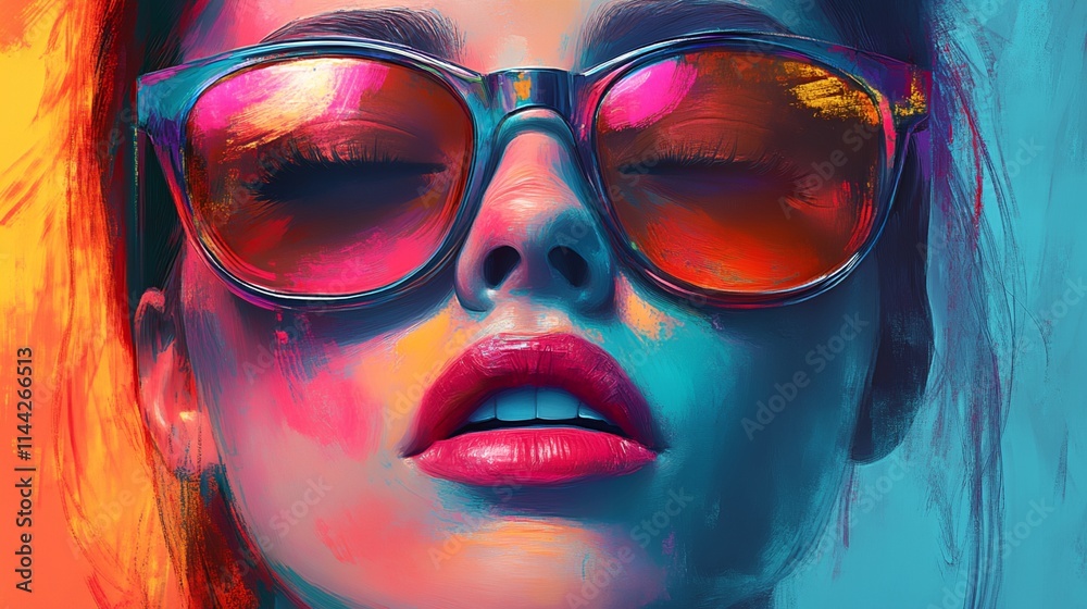 A woman with a colorful background and a pair of sunglasses on her face A woman with a colorful background and a pair of sunglasses on her face