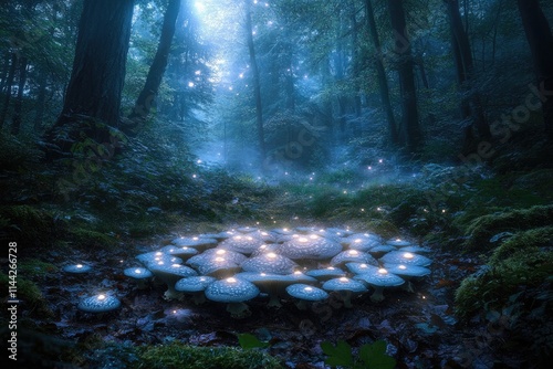 Enchanted forest at night, glowing mushrooms illuminate a mystical scene amongst towering trees. photo