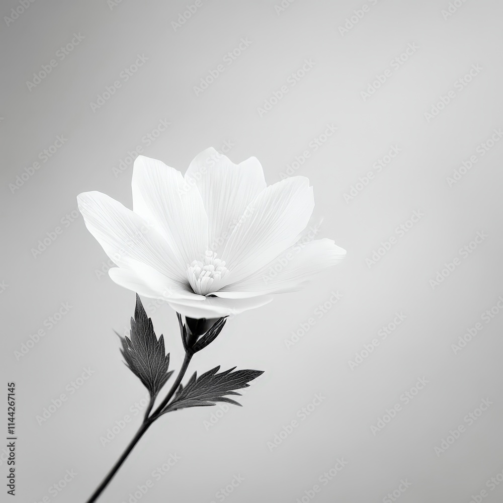 Obraz premium A delicate white flower stands out against a muted background, showcasing its elegant petals and slender stem.