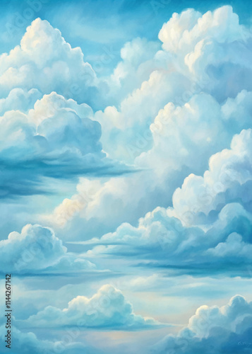 A serene blue sky filled with fluffy white clouds, evoking tranquility and peace.