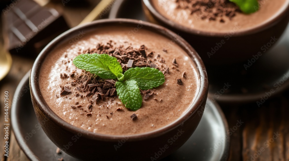 Creamy Chocolate Mousse with Mint Garnish in Rustic Bowls Creamy Chocolate Mousse with Mint Garnish in Rustic Bowls