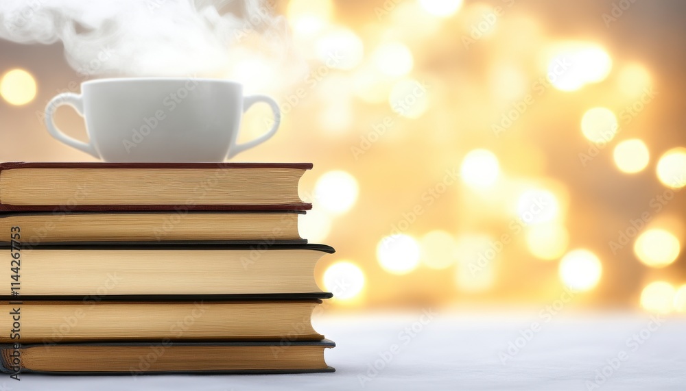 Steam rising from a cup of hot drink atop a stack of books against a bokeh background. Steam rising from a cup of hot drink atop a stack of books against a bokeh background.