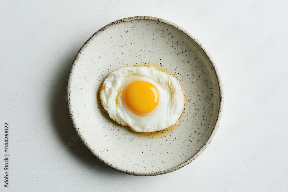 A perfectly fried egg with a runny yolk sits in a speckled ceramic bowl. A perfectly fried egg with a runny yolk sits in a speckled ceramic bowl.