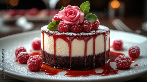 Delicious raspberry cheesecake dessert with chocolate base, garnished with a pink rose and raspberry sauce. photo