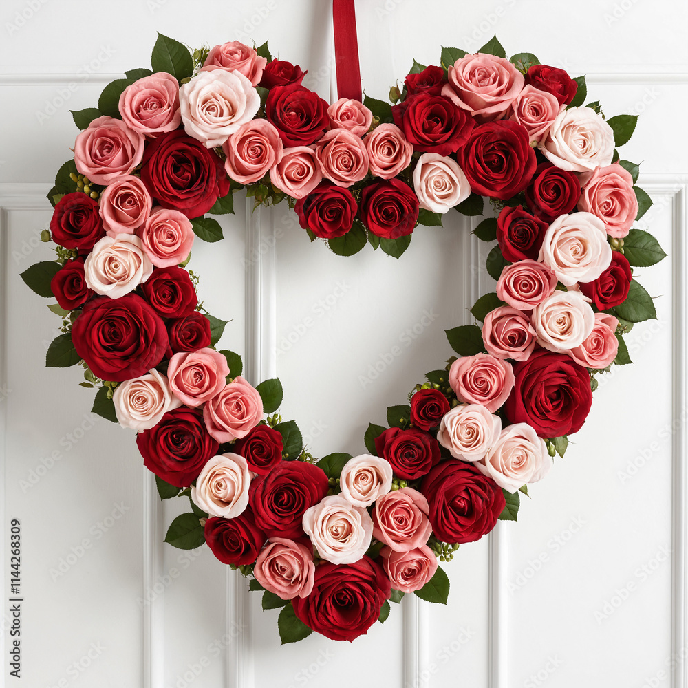 Red and pink roses heart shaped wreath on a white background Red and pink roses heart shaped wreath on a white background