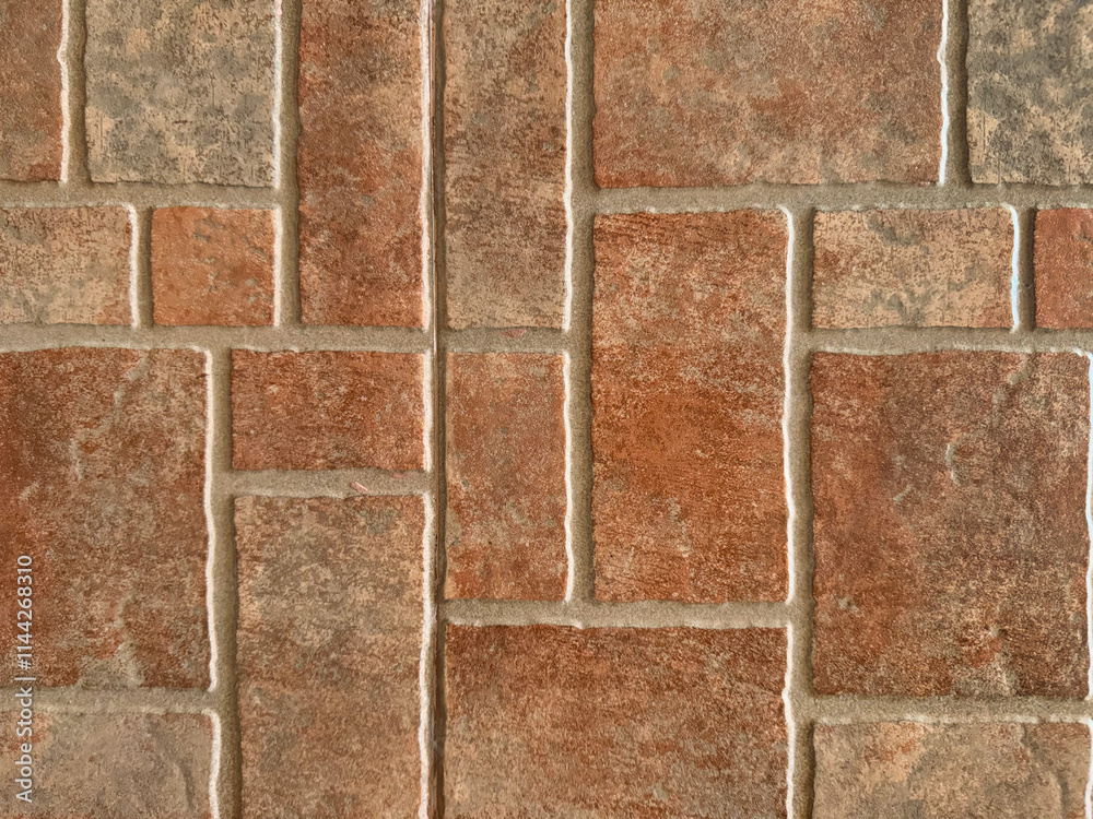 Fototapeta premium Close up of natural red tiles with random rectangular and square pattern. Geometric random size rectangular red colored porcelain tiles made of clay and stone. Seamless background texture.