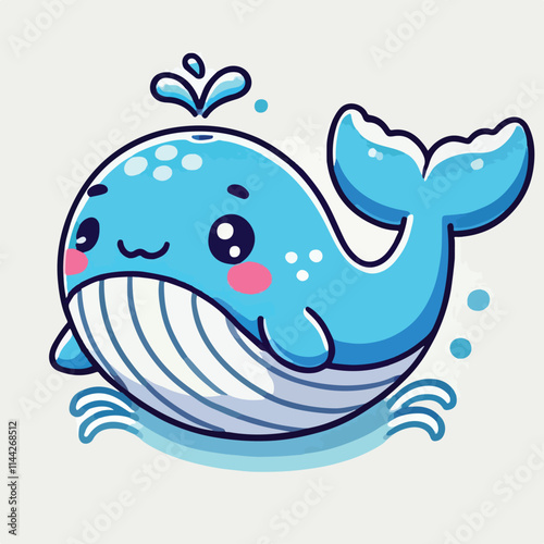Cute blue whale spraying water vector illustration in kawaii cartoon style